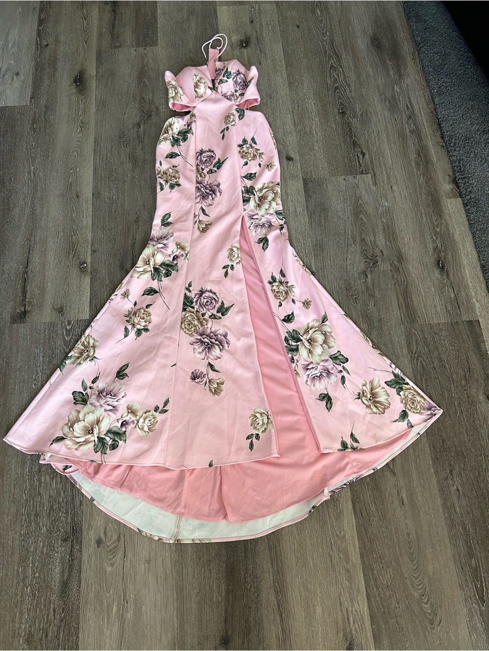 Pink Floral Halter Prom Dress